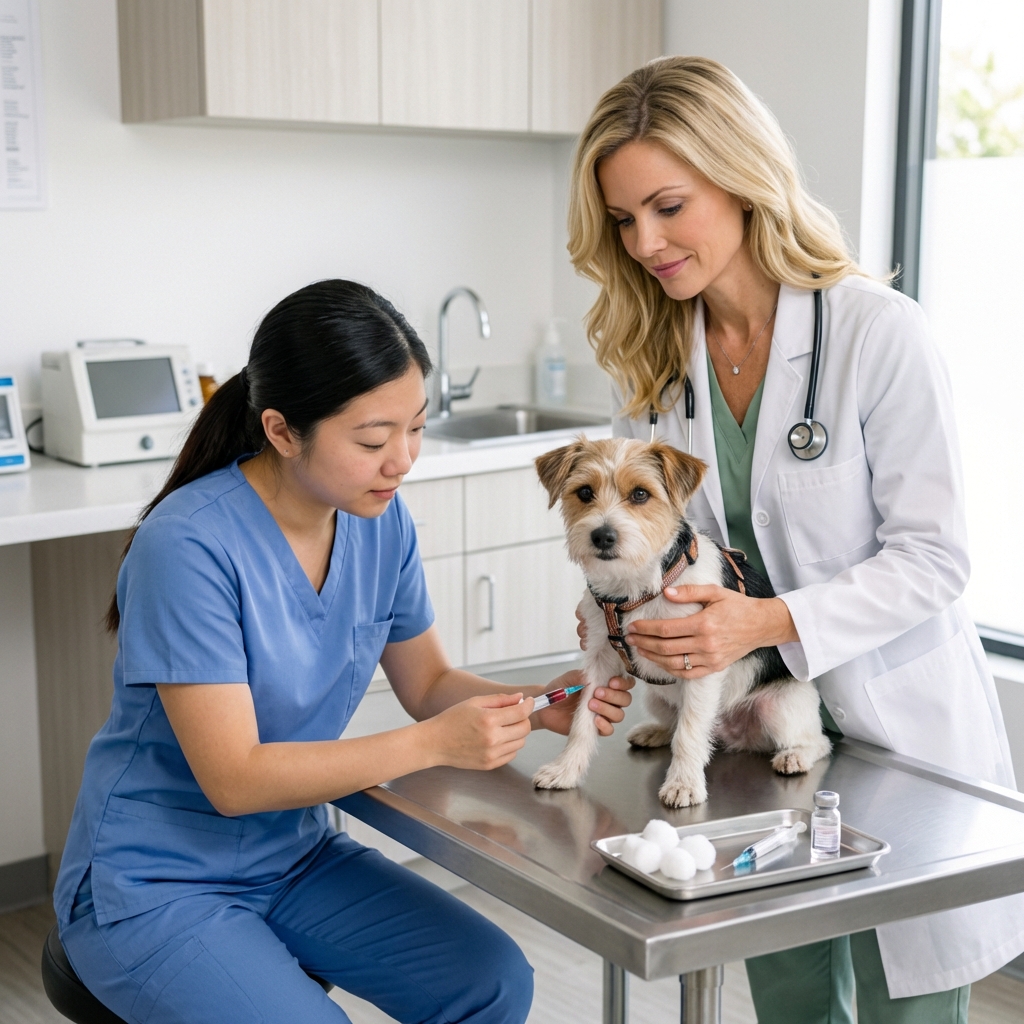 A veterinarian holding a small dog gently while a veterinary technician prepares a blood sample