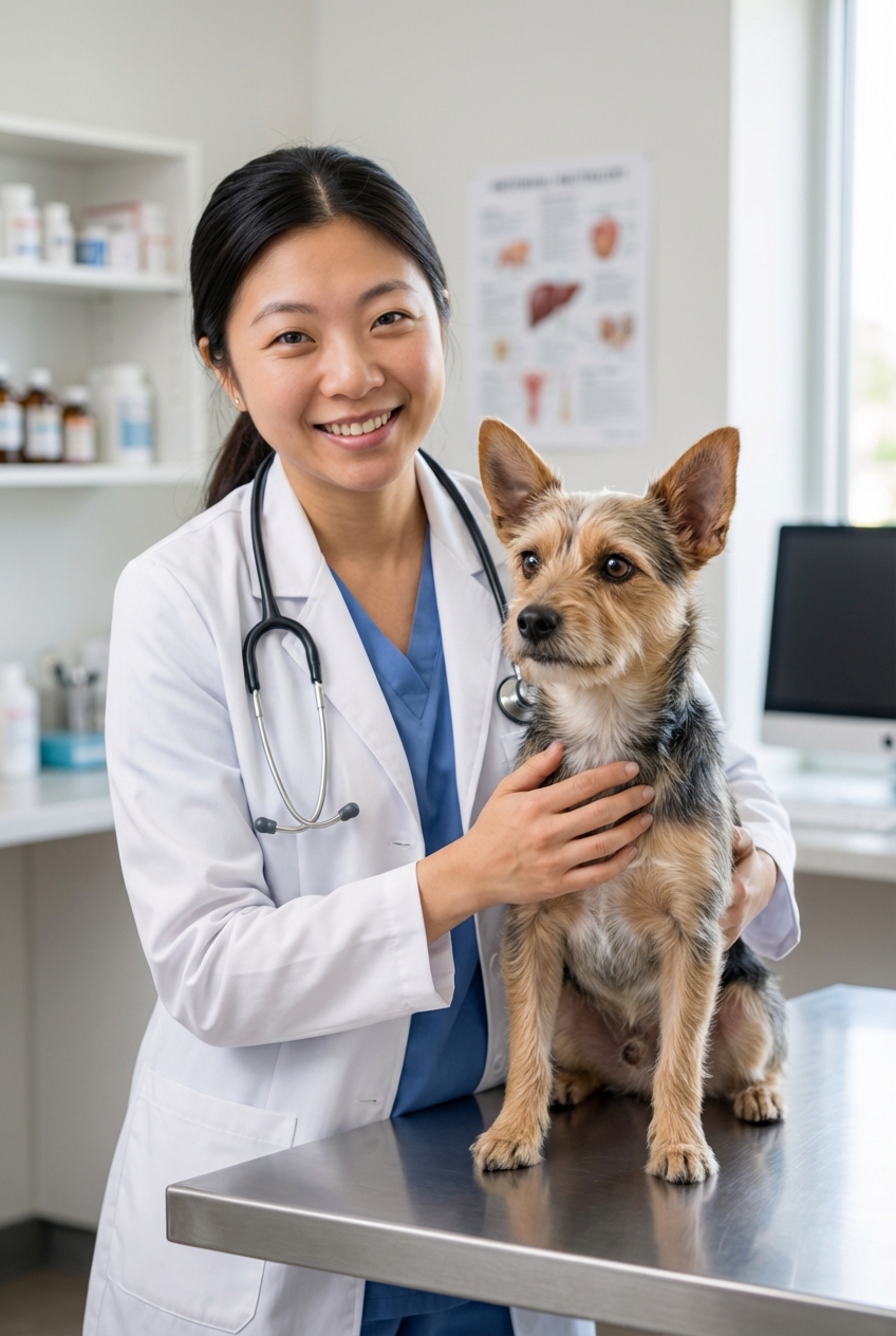 A veterinarian holding a small dog on an exam table while the dog looks alert