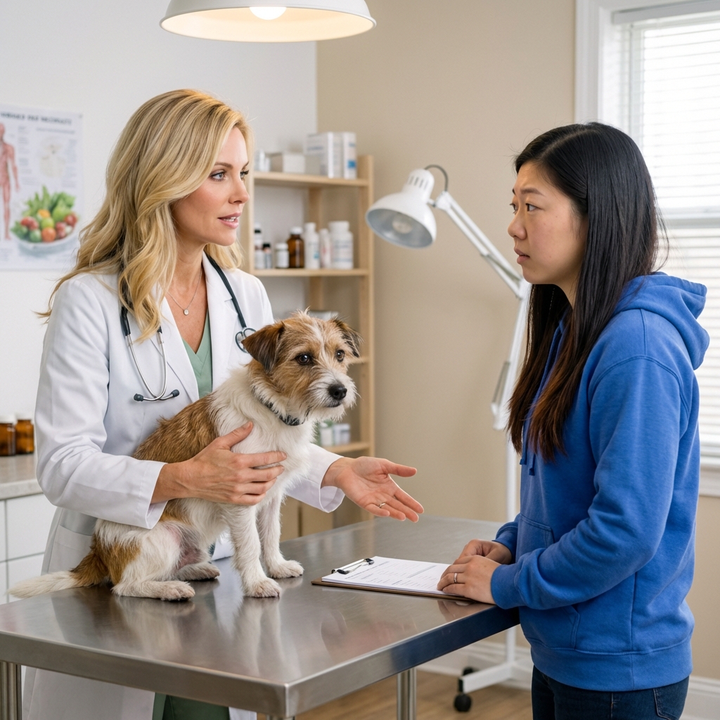 A veterinarian holding a small dog on an exam table while discussing symptoms with the dog’s owner