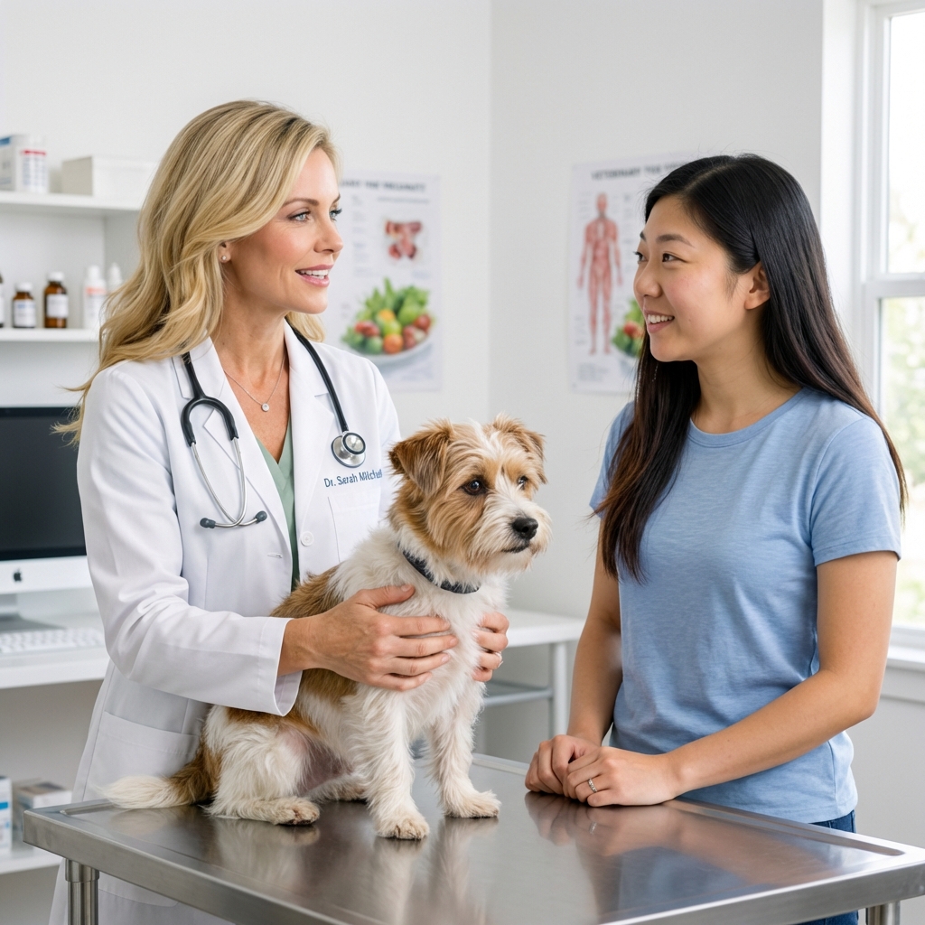 A veterinarian holding a small dog on an exam table while speaking with the owner