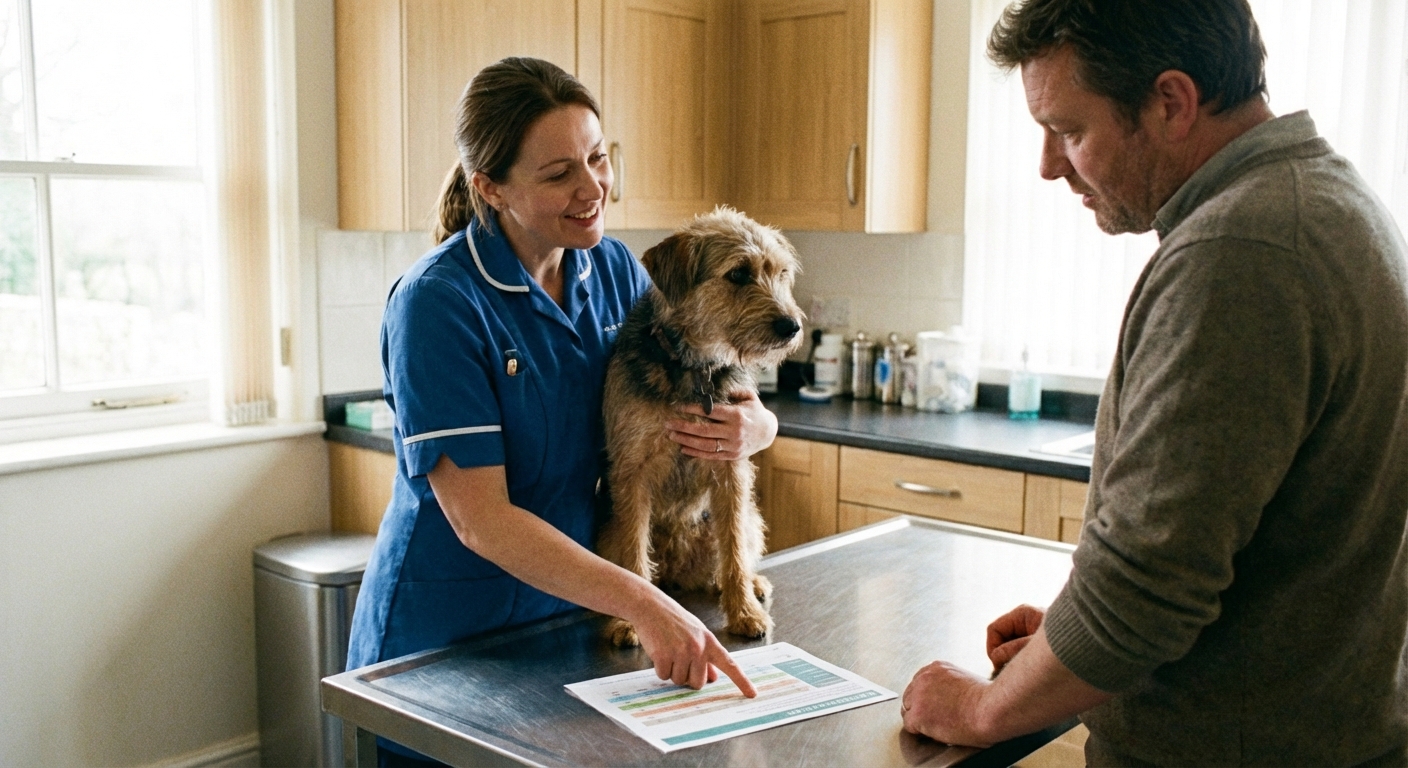 A veterinarian holding a small dog while discussing a nutrition plan with a pet owner in an exam room