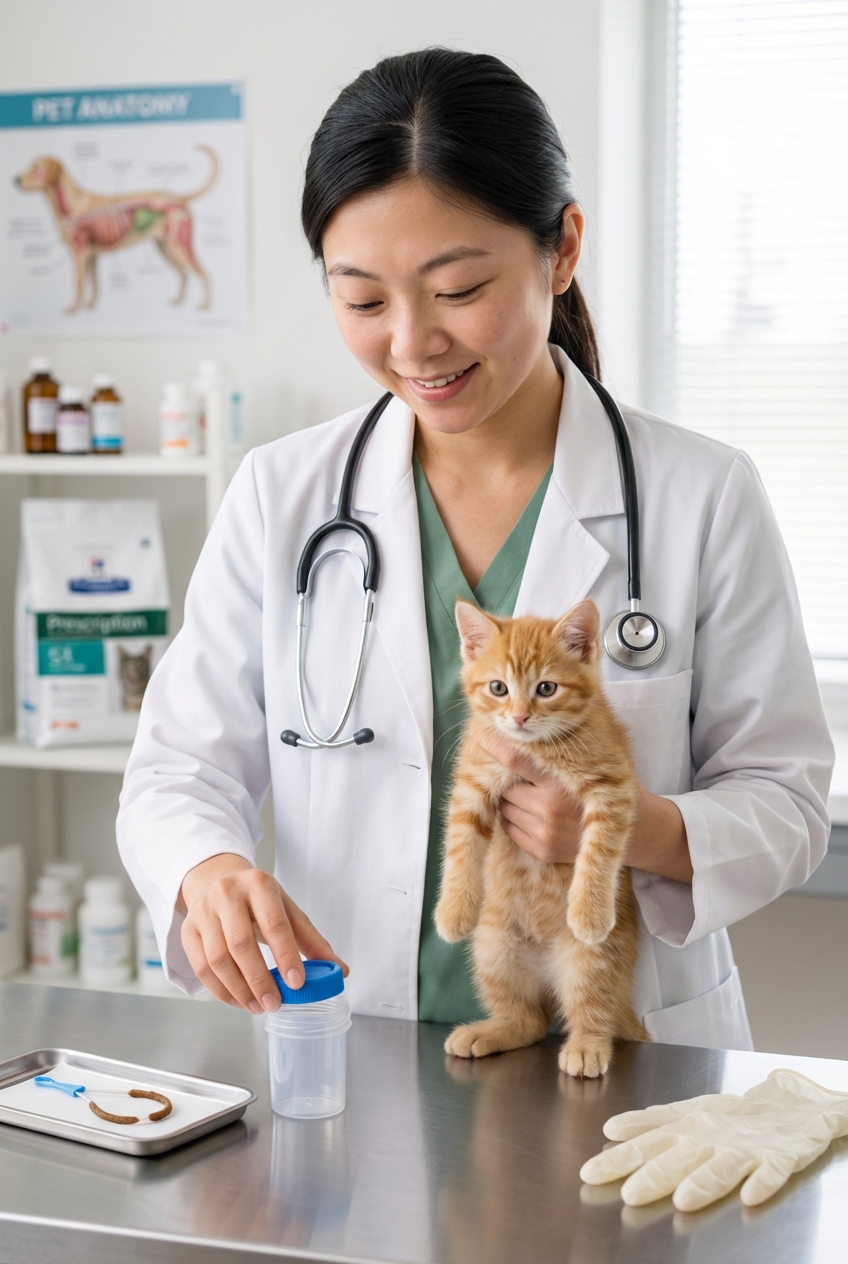 A veterinarian holding a small kitten on an exam table while preparing a stool sample container