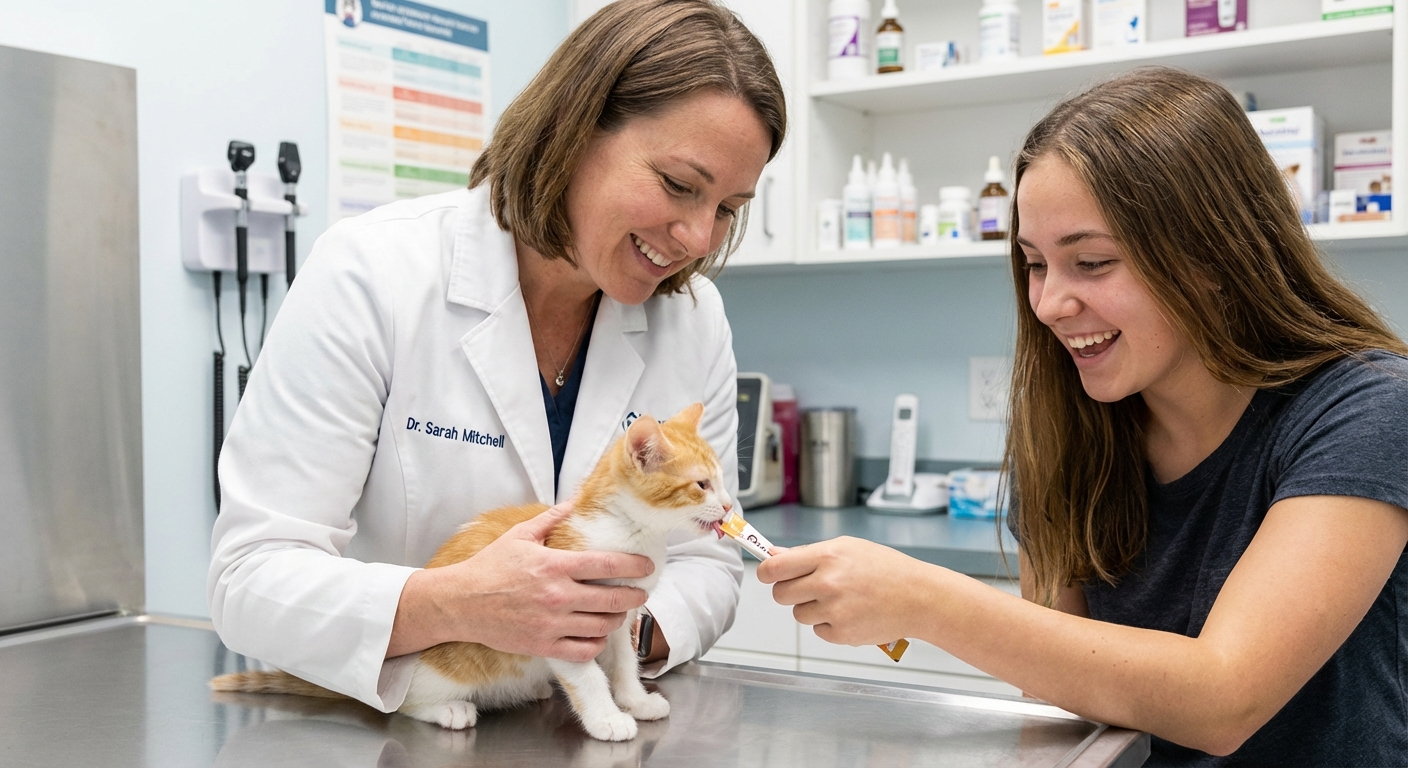 A veterinarian holding a small kitten while a pet owner offers a squeeze-treat as a distraction during an exam