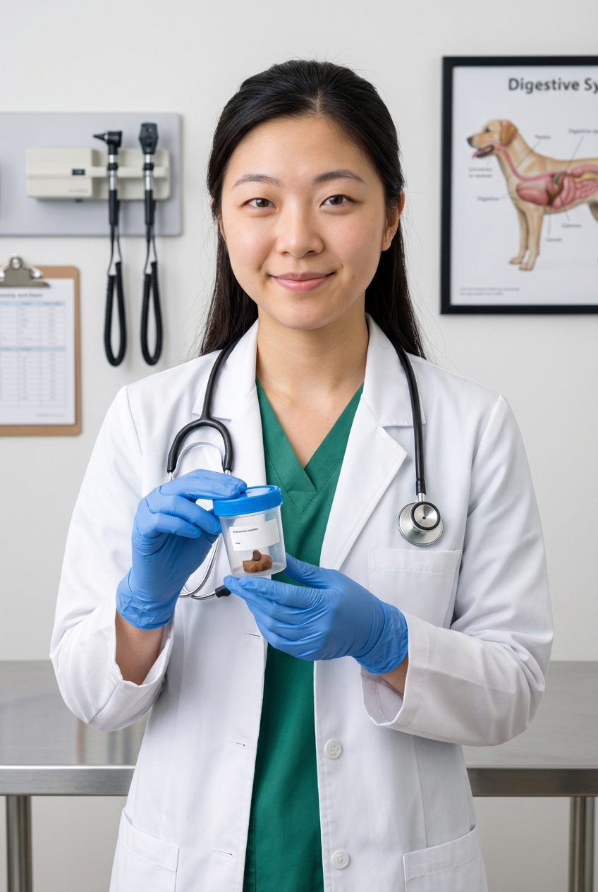 A veterinarian holding a small plastic container with a dog stool sample in a clinic exam room