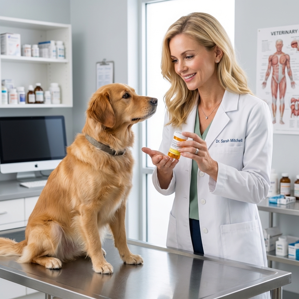 A veterinarian holding a small prescription bottle next to a calm dog on an exam table, suggesting a treatment plan discussion, realistic photography style