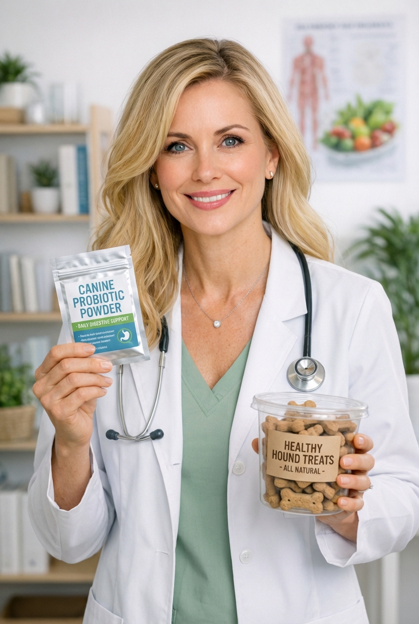 A veterinarian holding a small probiotic powder packet next to a dog treat container