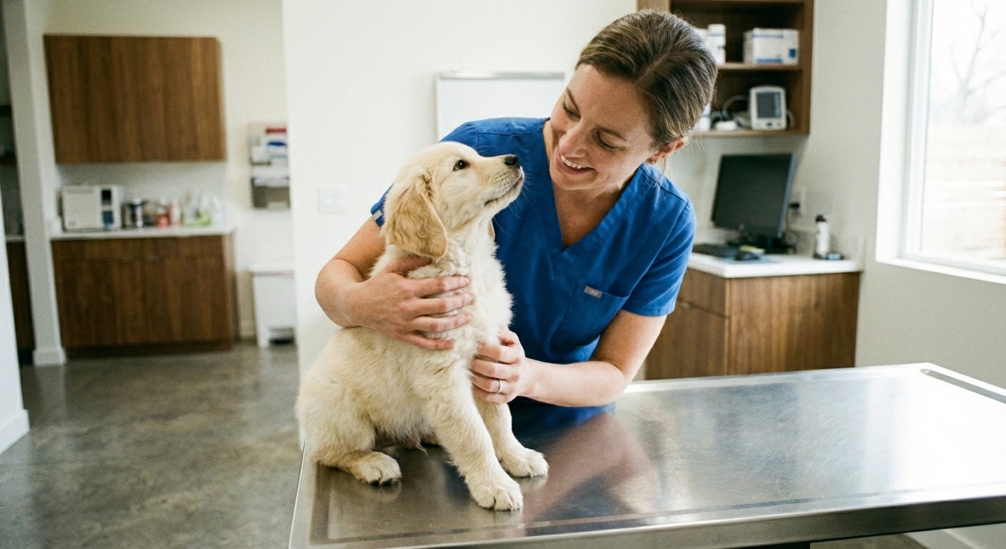 A veterinarian holding a small puppy gently on an exam table in a clinic room