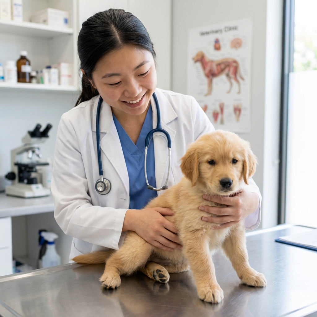 A veterinarian holding a small puppy on an exam table while gently checking its abdomen