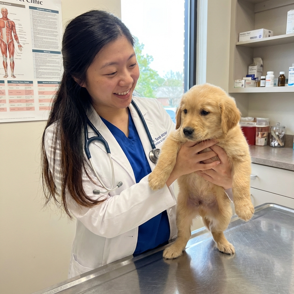 A veterinarian holding a small puppy on an exam table during a wellness visit