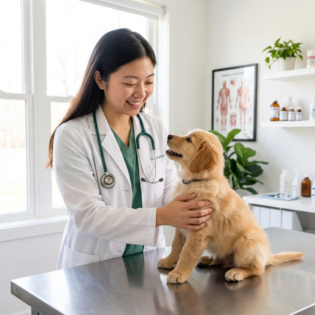 A veterinarian holding a small puppy on an exam table in a bright clinic room