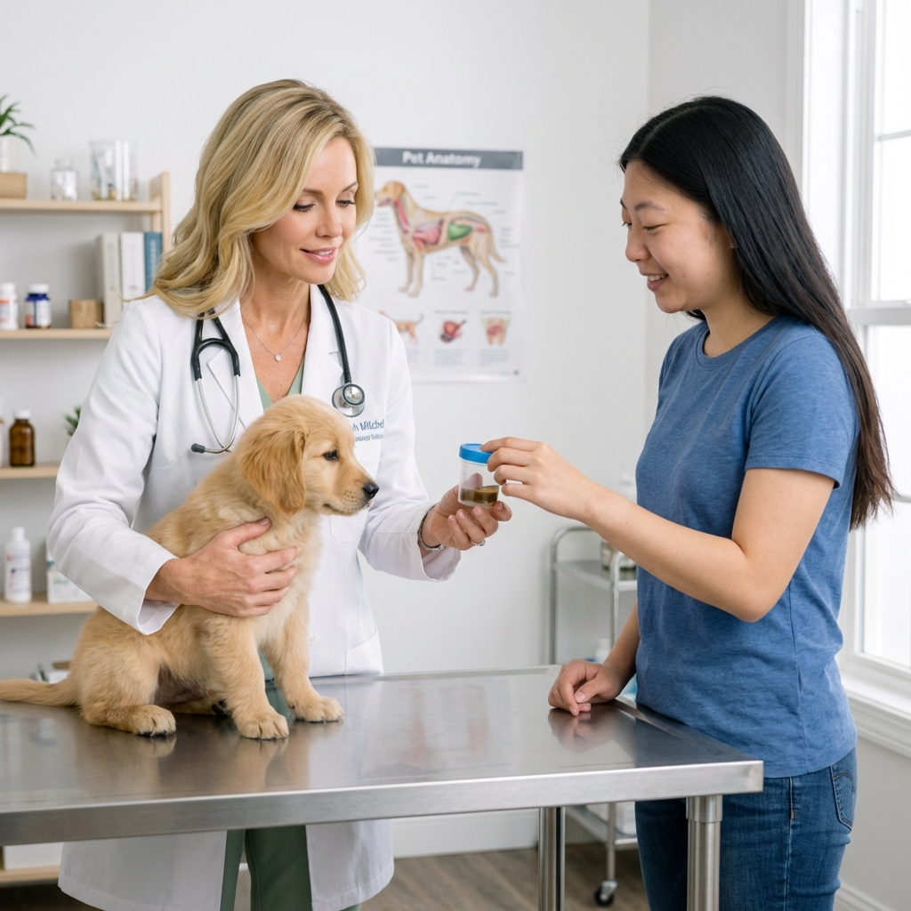 A veterinarian holding a small puppy on an exam table while preparing to take a stool sample container from a pet parent