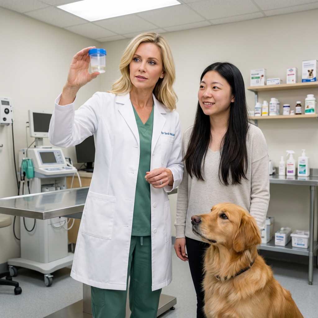 A veterinarian holding a small sample container while a dog waits calmly beside the owner