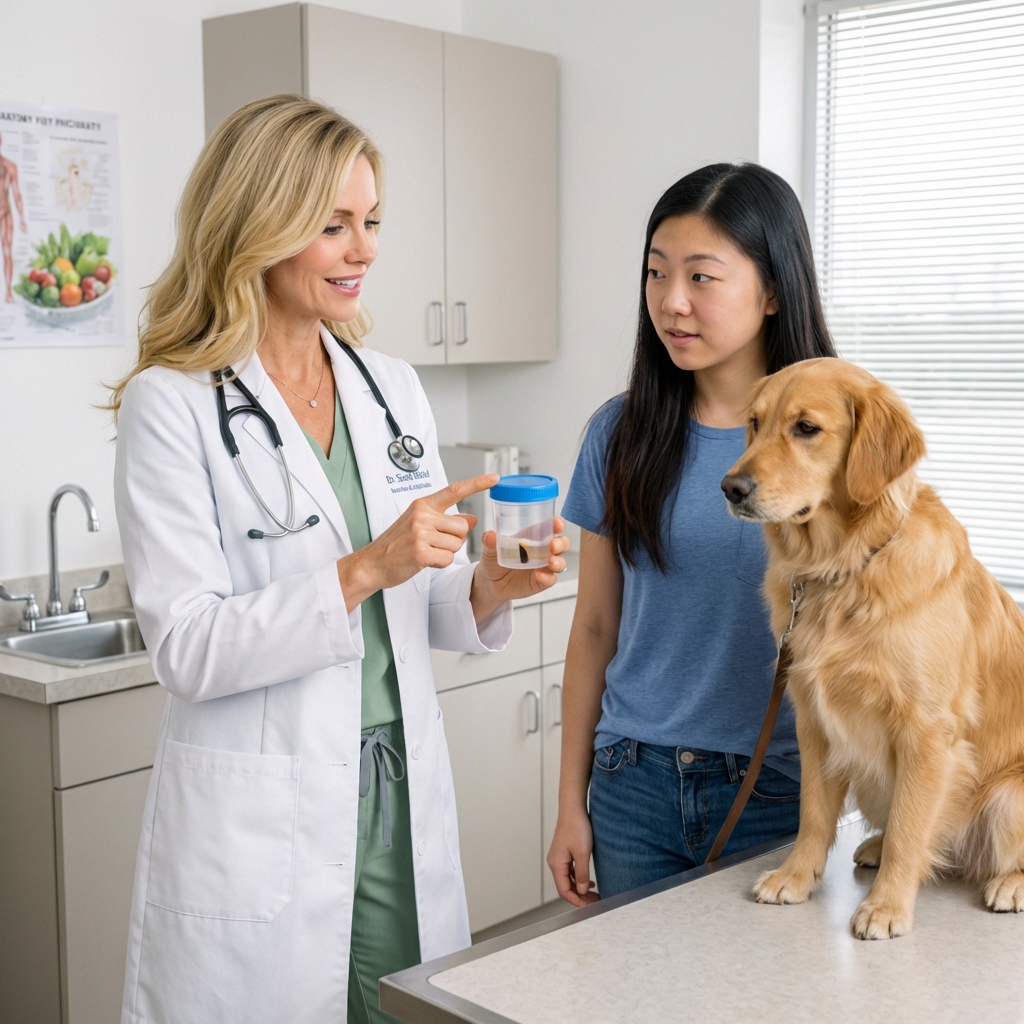 A veterinarian holding a small stool sample container while speaking with a dog owner in an exam room
