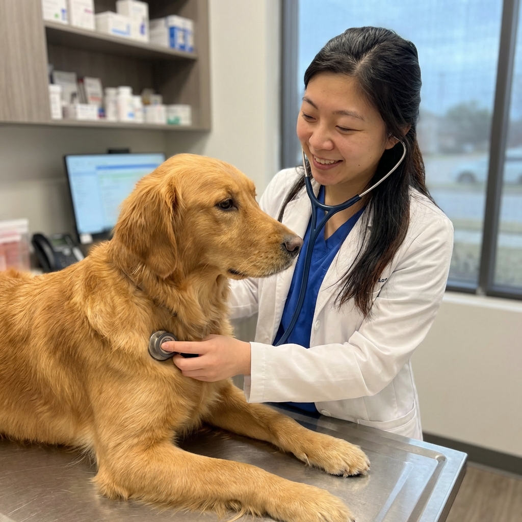 A veterinarian holding a stethoscope while gently examining a dog on an exam table