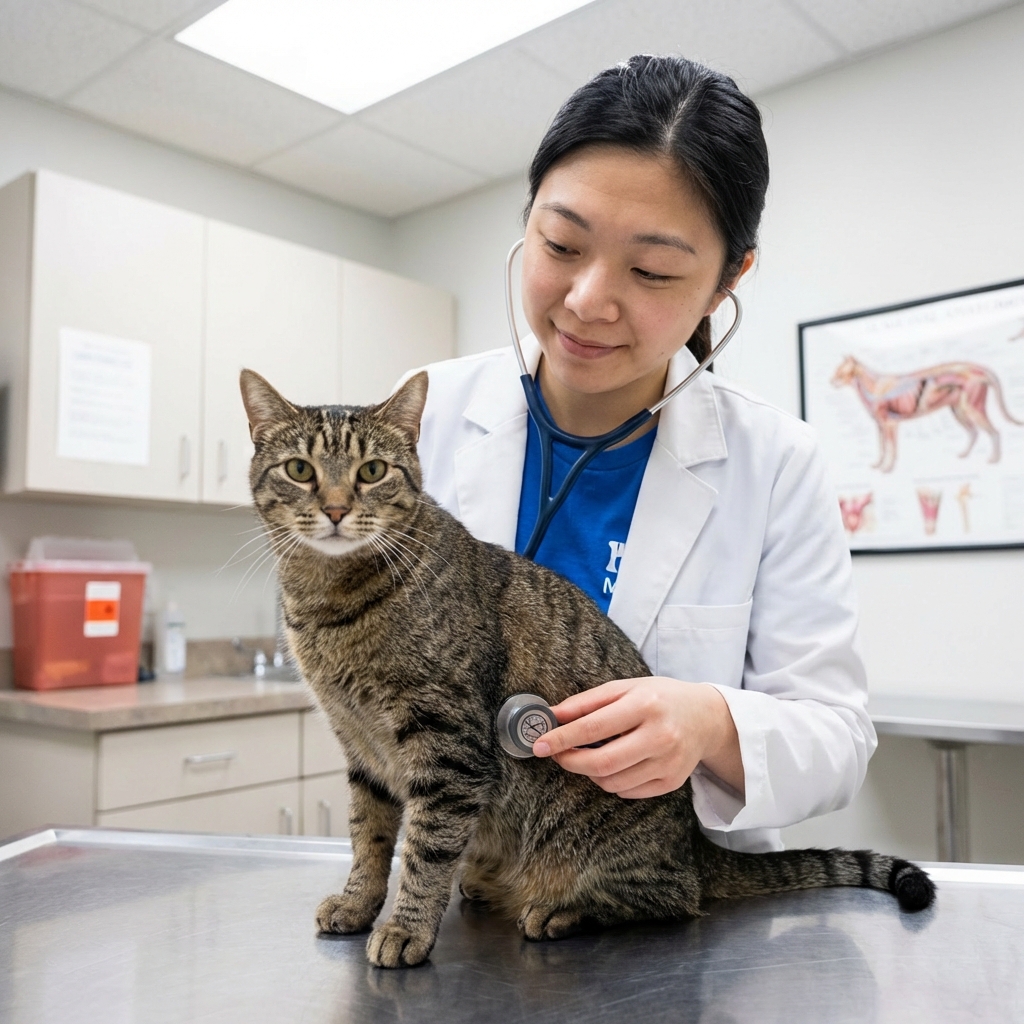 A veterinarian holding a stethoscope while gently examining an adult cat on an exam table