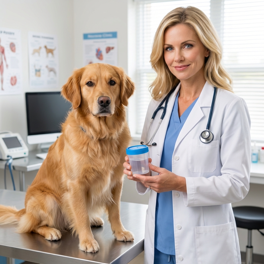 A veterinarian holding a stool sample container next to a dog during an exam in a bright clinic room