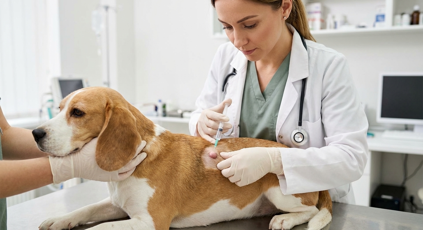 A veterinarian holding a syringe while collecting a fine needle aspirate sample from a small skin mass on a calm dog