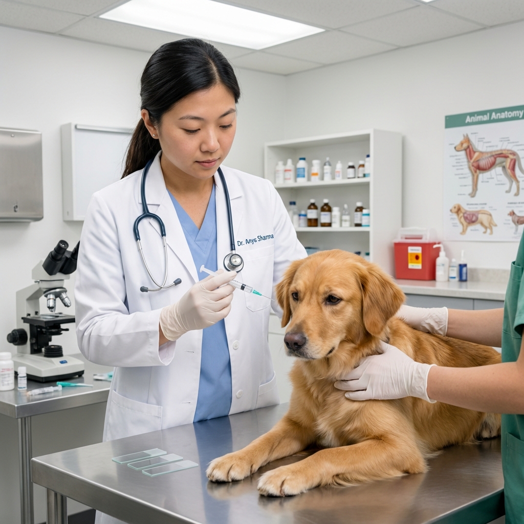 A veterinarian holding a syringe while preparing for a fine needle aspirate with a dog calmly restrained