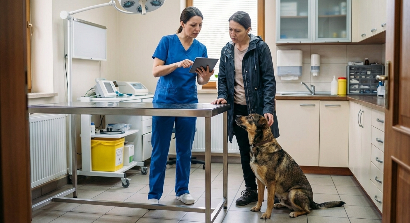 A veterinarian holding a tablet while speaking with a dog owner in an exam room with a dog sitting calmly