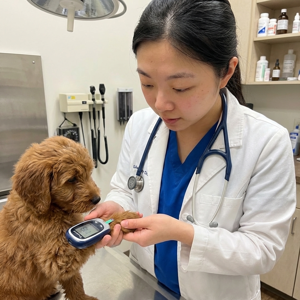 A veterinarian holding a tiny puppy’s paw while using a handheld glucometer to check blood sugar, realistic clinical photograph