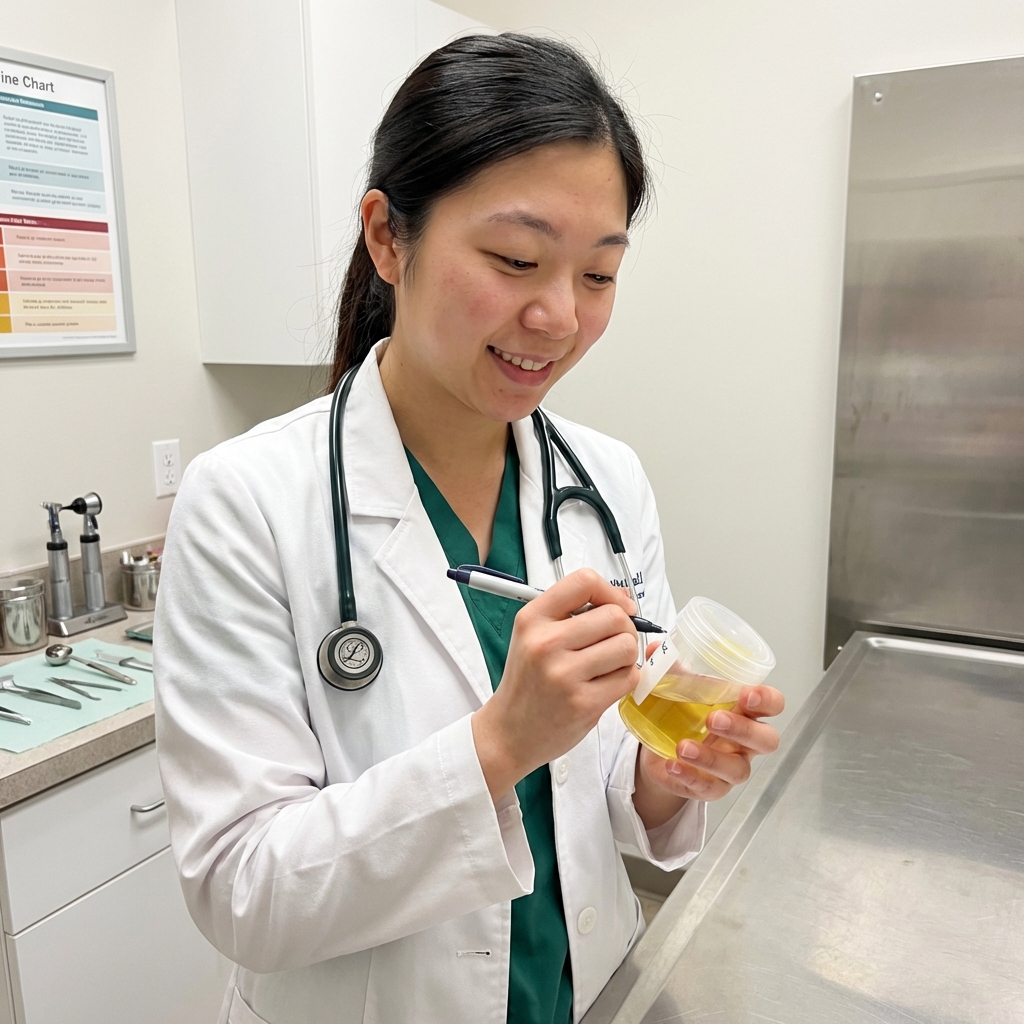 A veterinarian holding a urine sample container in a clinic exam room