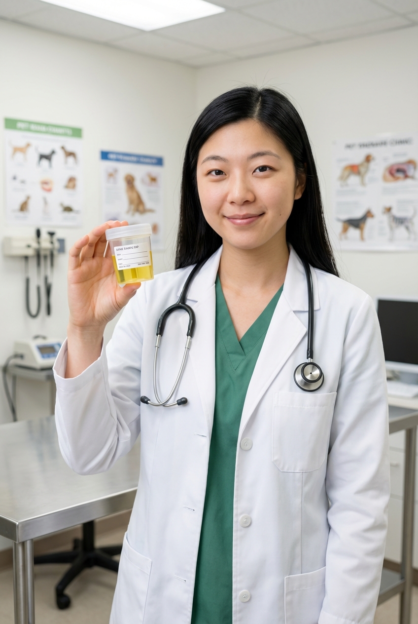 A veterinarian holding a urine sample cup in a clinic exam room