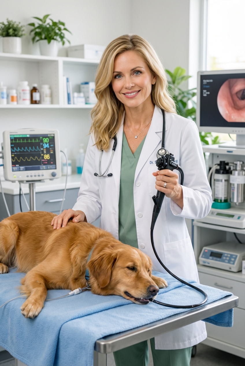 A veterinarian holding an endoscope control handle while a dog rests under monitoring in a clinic setting