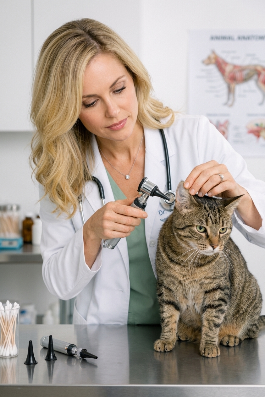 A veterinarian holding an otoscope near a cat's ear while a second hand gently lifts the ear flap, realistic clinical photo showing careful ear examination