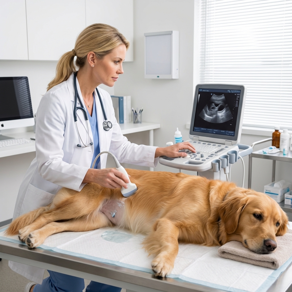 A veterinarian holding an ultrasound probe against a dog’s lower abdomen in a bright exam room