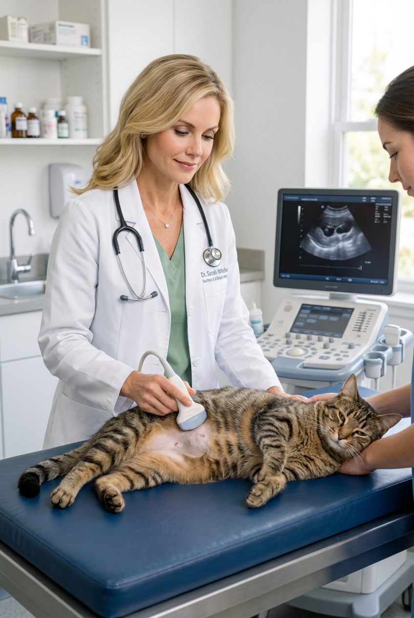 A veterinarian holding an ultrasound probe against a cat's shaved abdomen while the cat rests calmly on a padded table