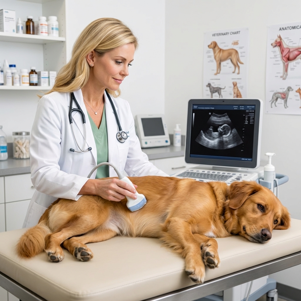 A veterinarian holding an ultrasound probe near a dog lying calmly on a padded exam table