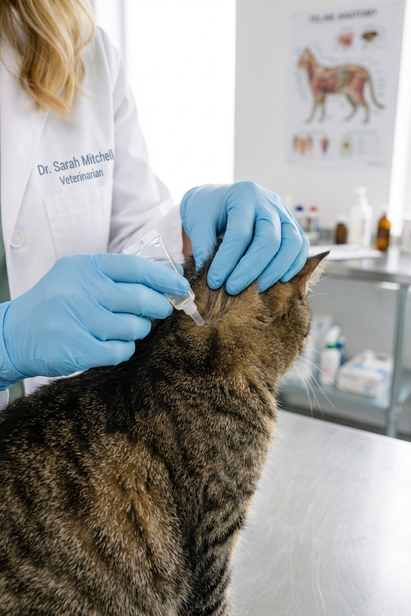A veterinarian in a clinic applying topical flea prevention to the back of a cat’s neck, close-up hands and cat fur