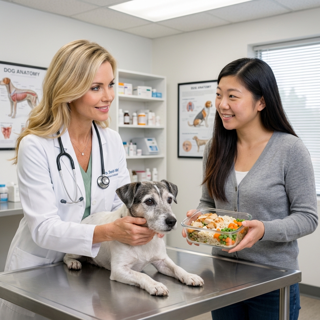 A veterinarian in a clinic exam room gently examining an older small dog while the owner holds a container of homemade dog food