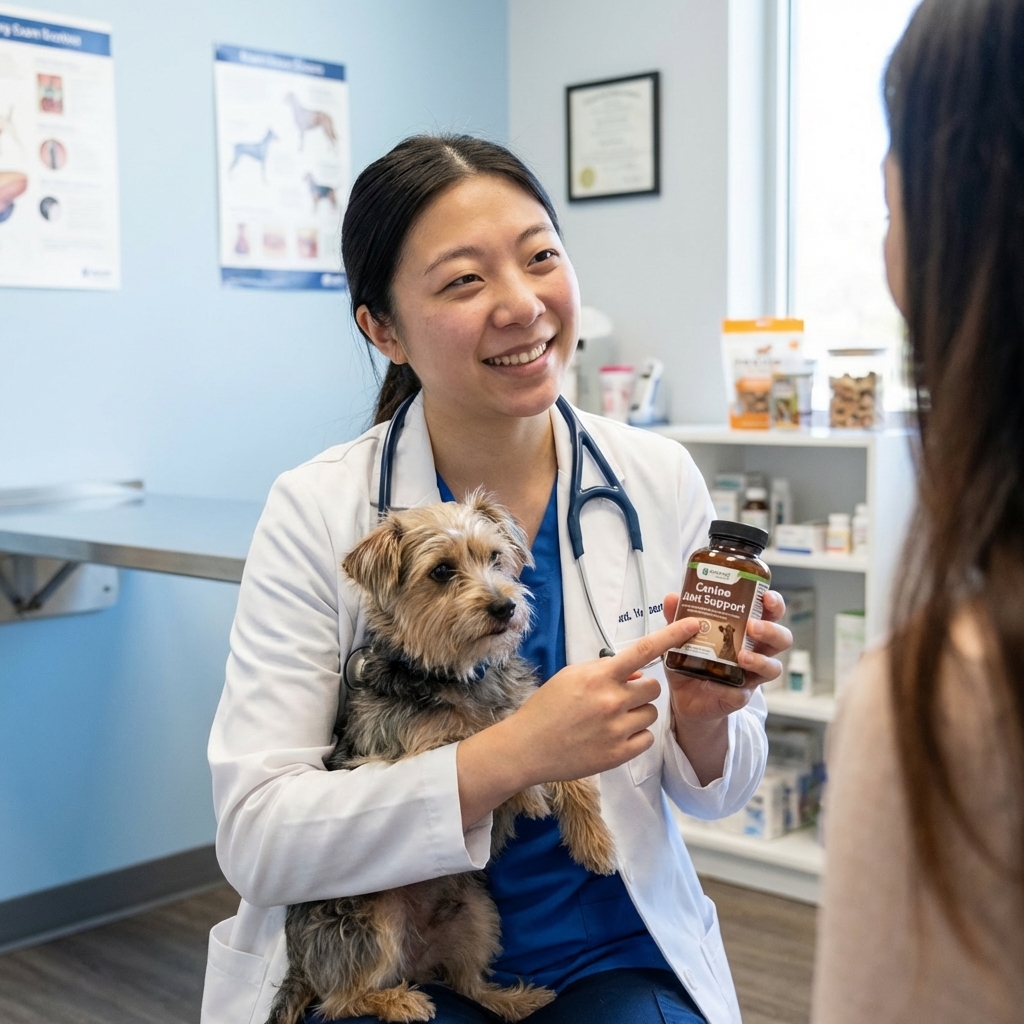 A veterinarian in a clinic exam room gently holding a small dog while discussing a supplement with the owner