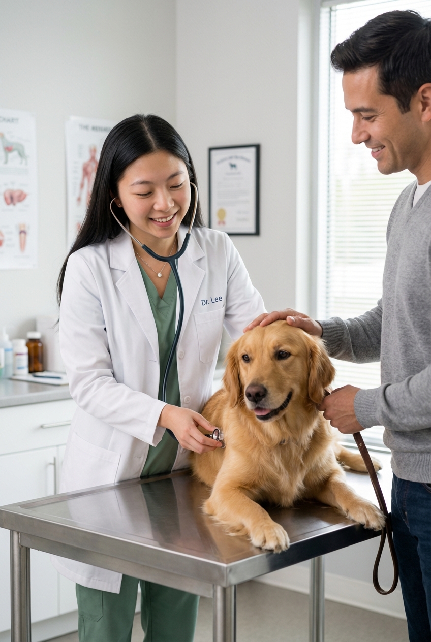 A veterinarian in a clinic exam room gently listening to a dog’s heart with a stethoscope while the owner holds the leash