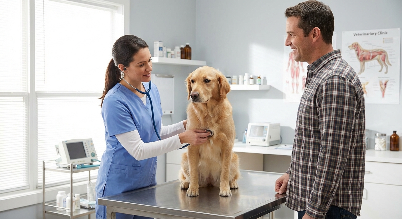 A veterinarian in a clinic exam room gently listening to a dog's heart with a stethoscope while the owner stands nearby, clean bright lighting, photorealistic