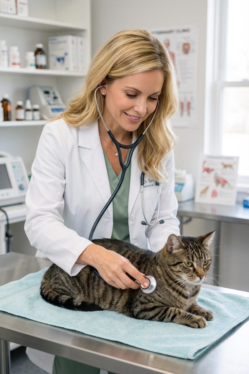 A veterinarian in a clinic exam room gently listening to a cat's chest with a stethoscope while the cat rests on a towel, realistic veterinary photography