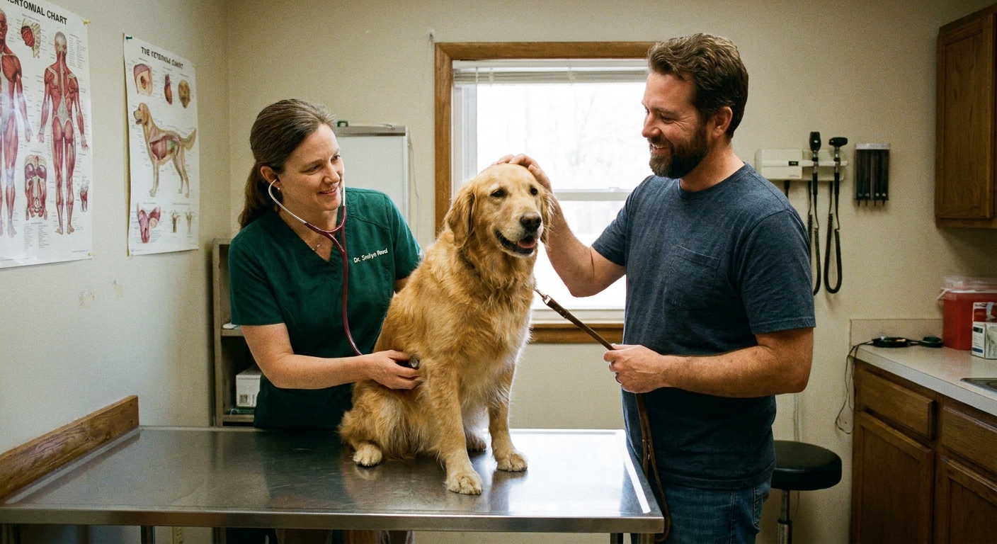 A veterinarian in a clinic exam room gently listening to a dog’s chest while the owner holds the leash during a calm consult