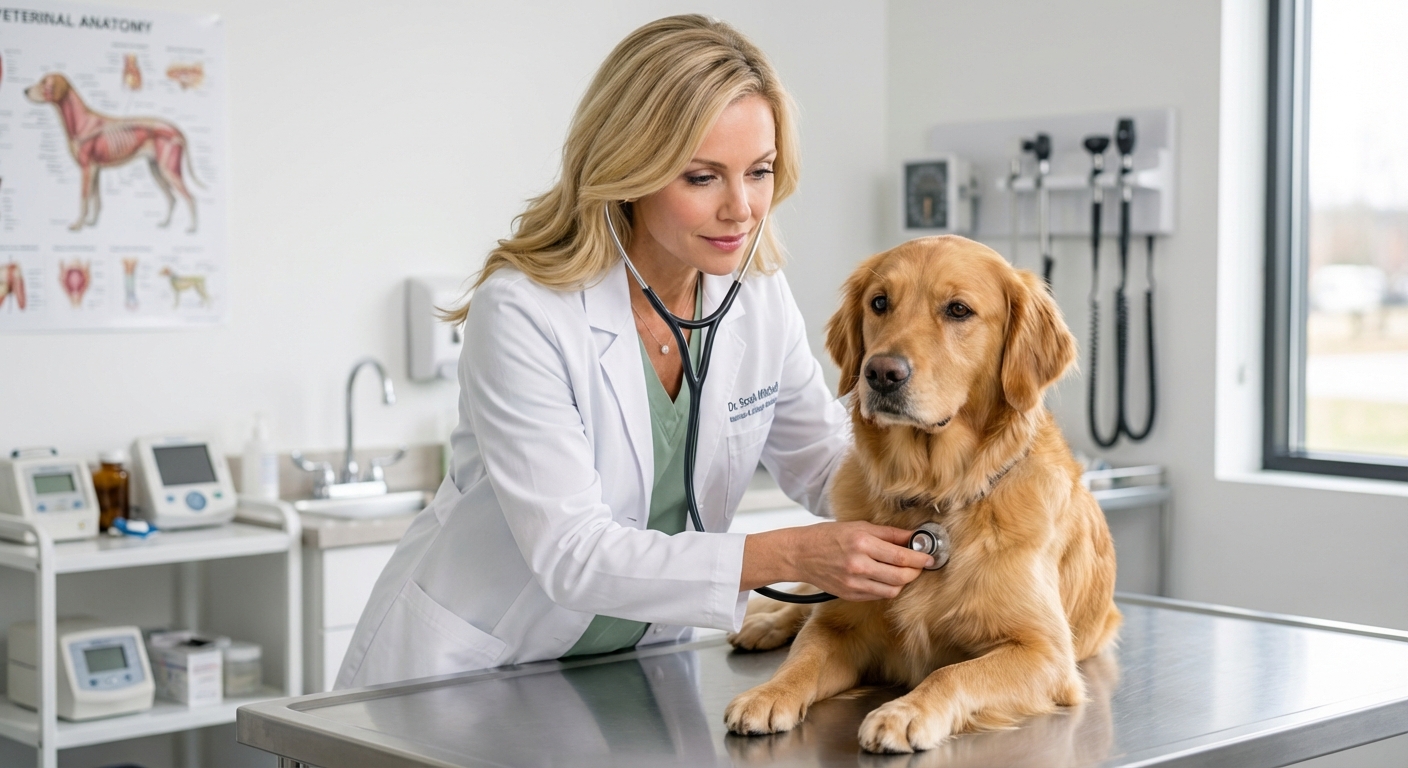 A veterinarian in a clinic examining a dog on an exam table