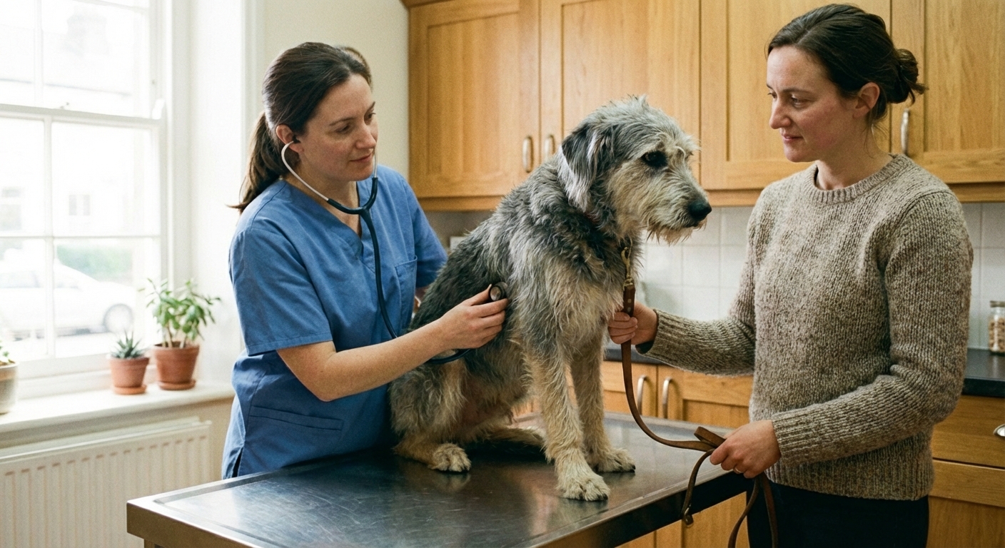 A veterinarian in a clinic examining a dog while the owner stands nearby holding a leash