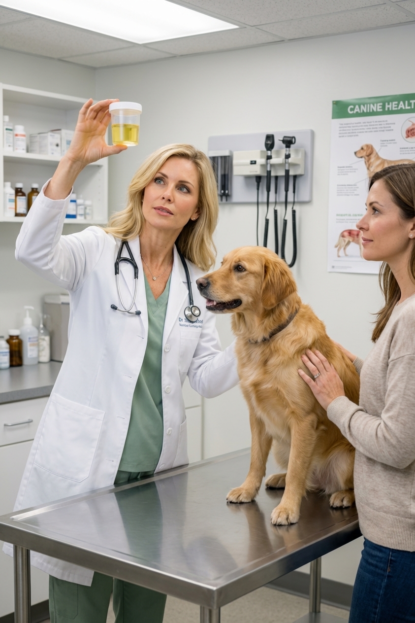 A veterinarian in a clinic examining a urine sample cup while a calm dog sits beside an owner in an exam room, realistic veterinary photography