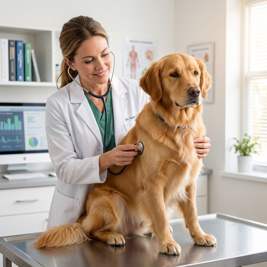 A veterinarian in a clinic gently examining a calm dog on an exam table