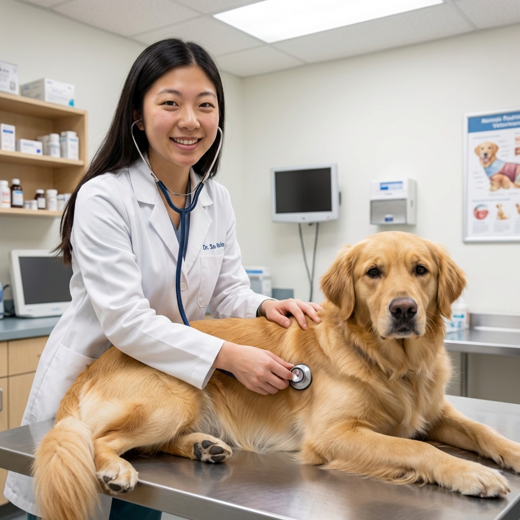 A veterinarian in a clinic gently examining a calm dog on an exam table