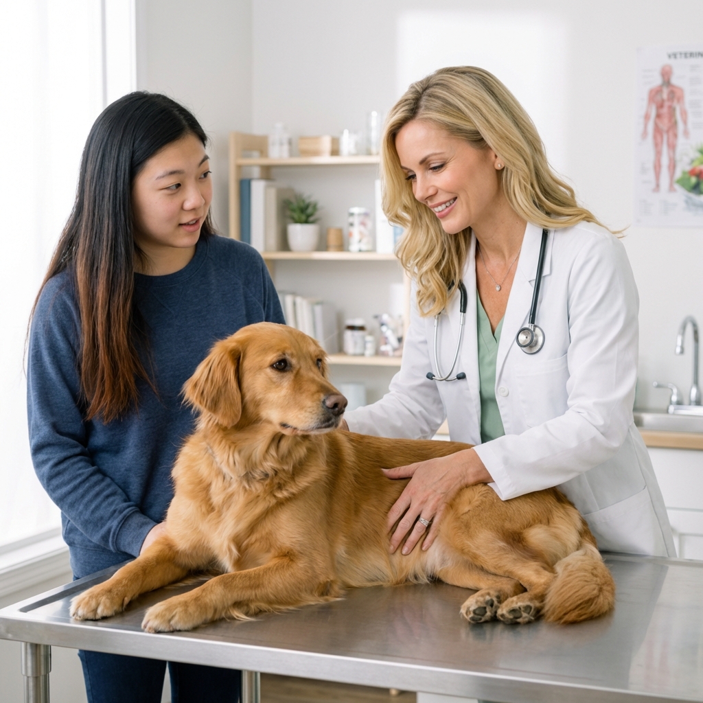 A veterinarian in a clinic gently examining a calm dog on an exam table while an owner watches nearby