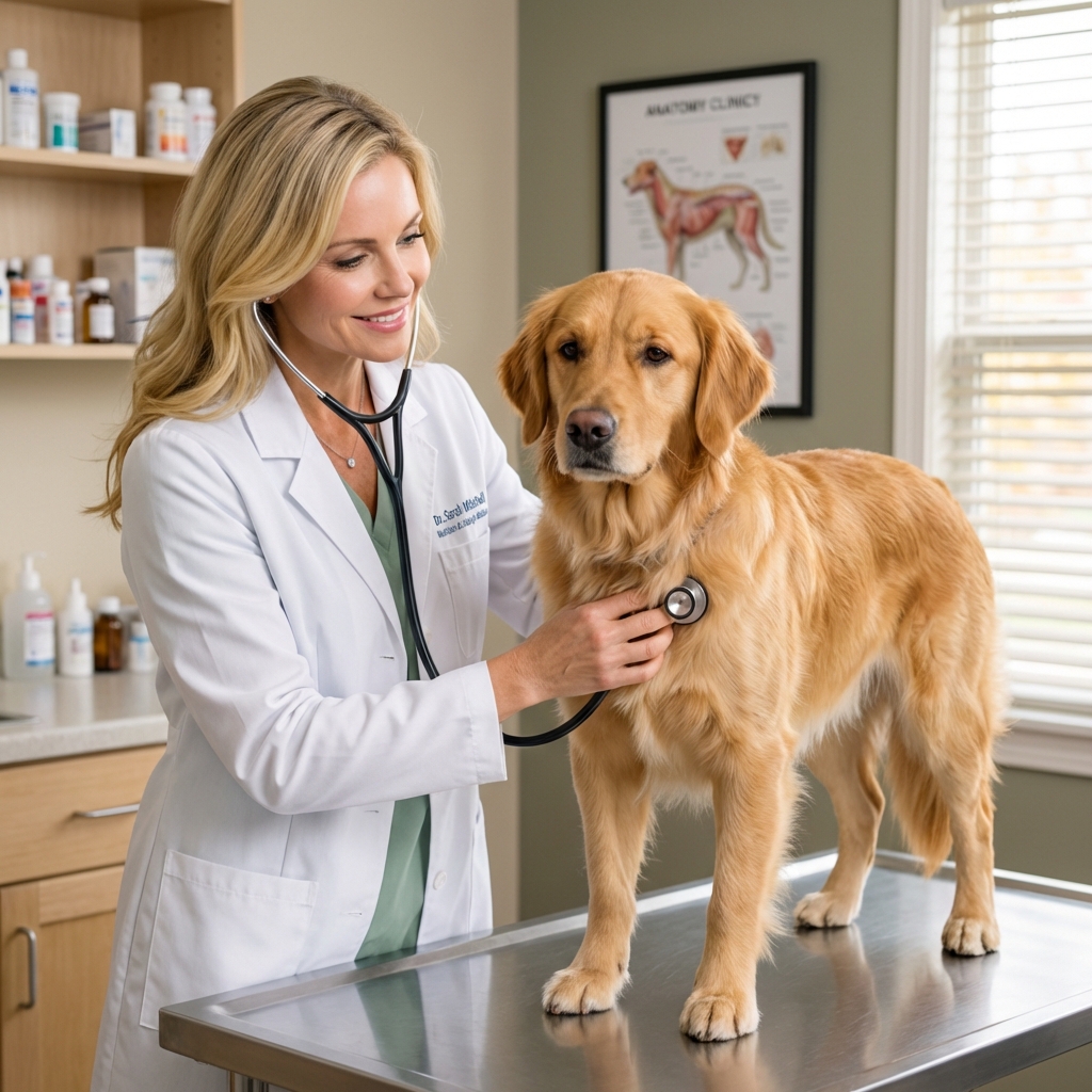 A veterinarian in a clinic gently examining a calm dog on an exam table