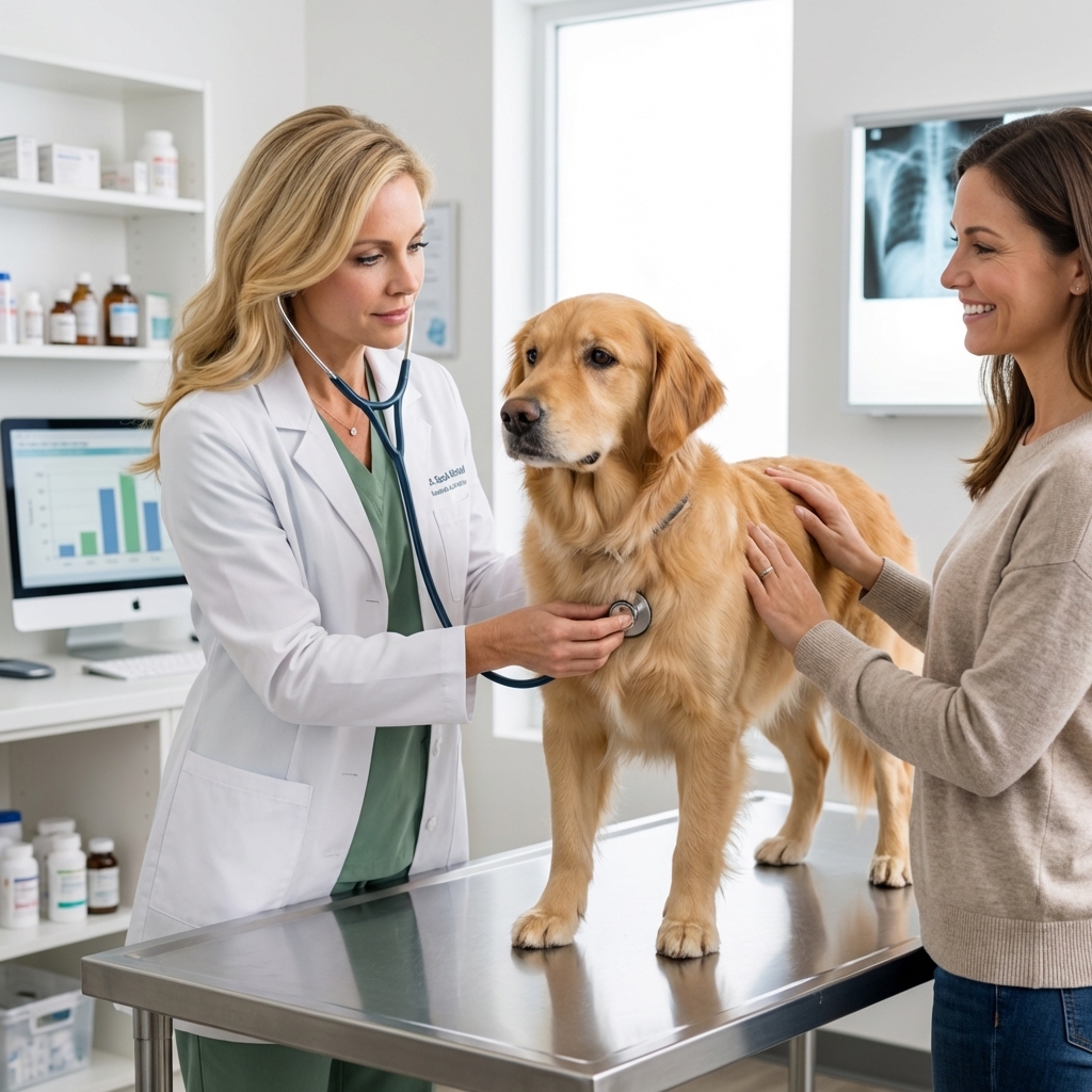 A veterinarian in a clinic gently examining a calm female dog on an exam table while an owner stands nearby, clinical setting, photorealistic