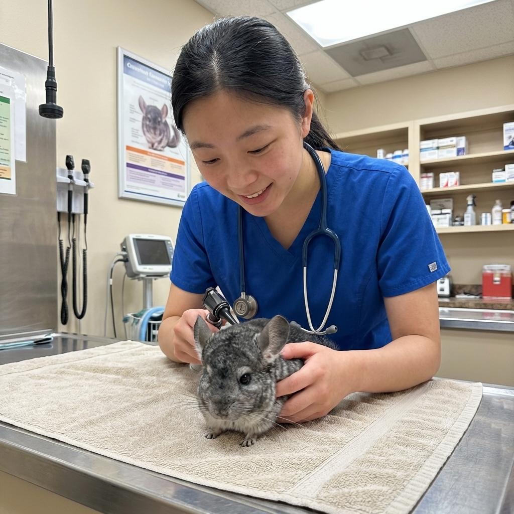 A veterinarian in a clinic gently examining a chinchilla on a towel-covered table, medical setting, photorealistic