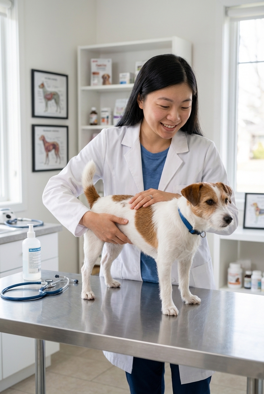 A veterinarian in a clinic gently examining a dog on an exam table