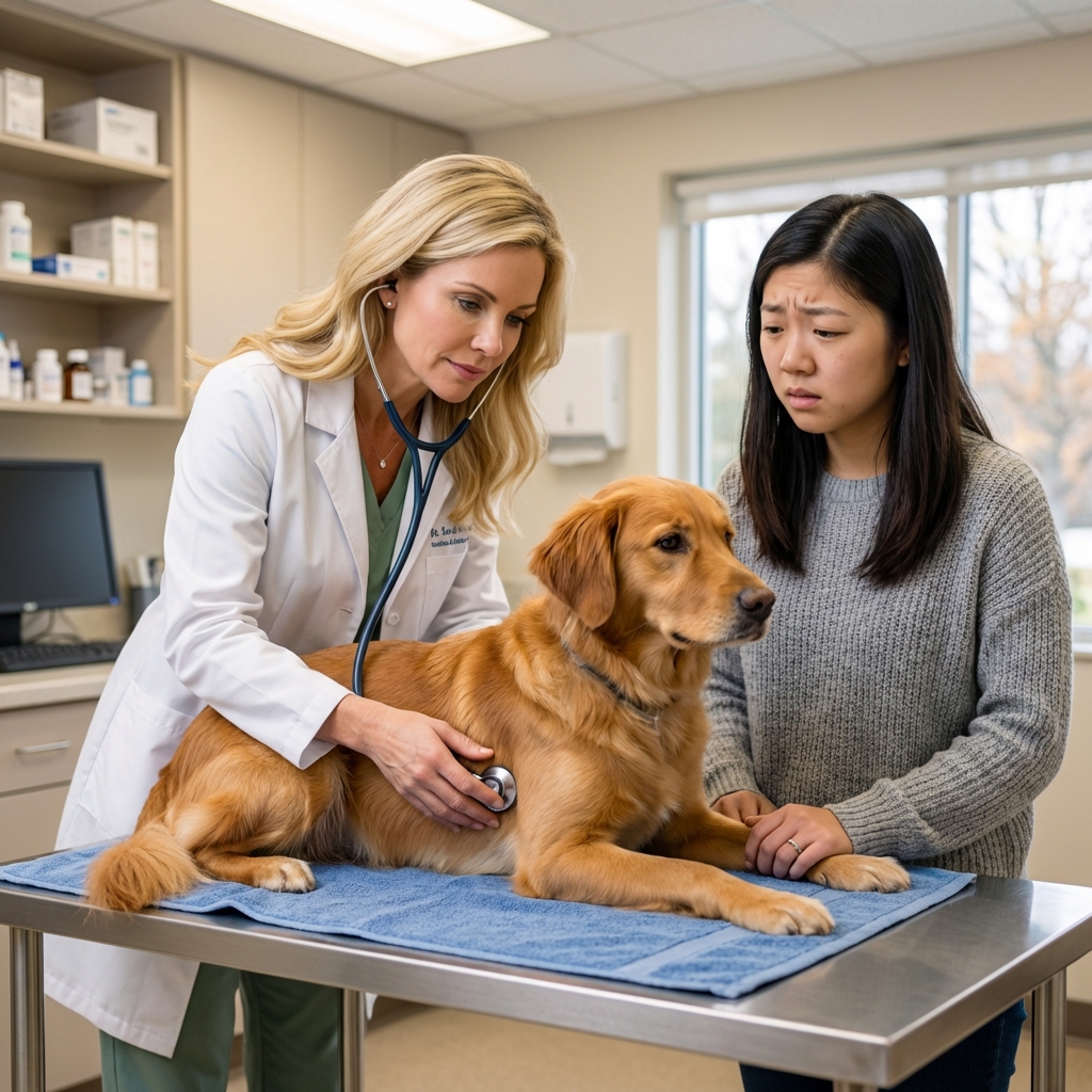A veterinarian in a clinic gently examining a dog on an exam table while a concerned owner stands nearby