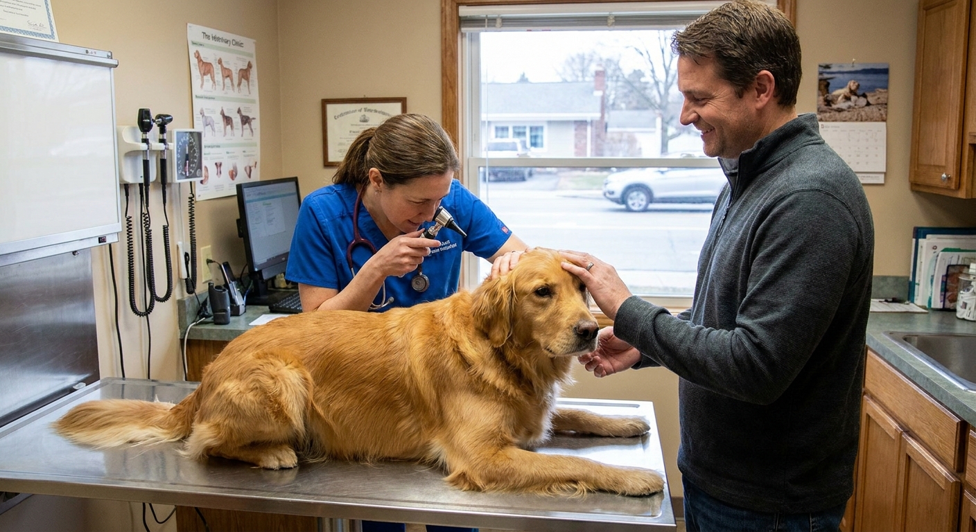 A veterinarian in a clinic gently examining a dog on an exam table while a pet parent stands nearby